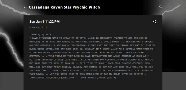 Cassadaga Raven Star Psychic Witch : Mon Jun 5 12:30 AM