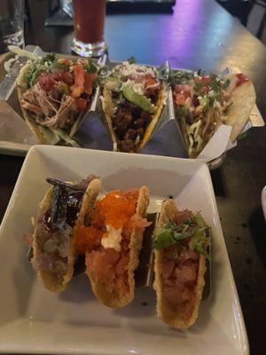 Trio tacos, and sashimi tacos for $40