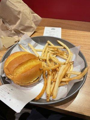 Single burger with just cheese and Mayo. I ate a few fries before this picture.