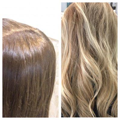 What I went in with on the left, and my new beautiful blonde hair on the right. I love it!