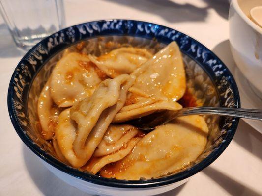 Cheng Du dumplings in spicy hot oil, Chiao tzu.