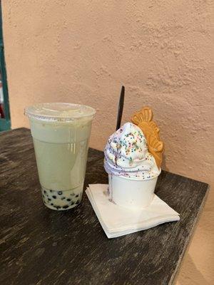 Matcha boba and taro swirl taiyaki