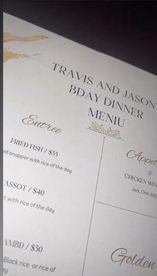 Birthday "Pre-Fix" Menu