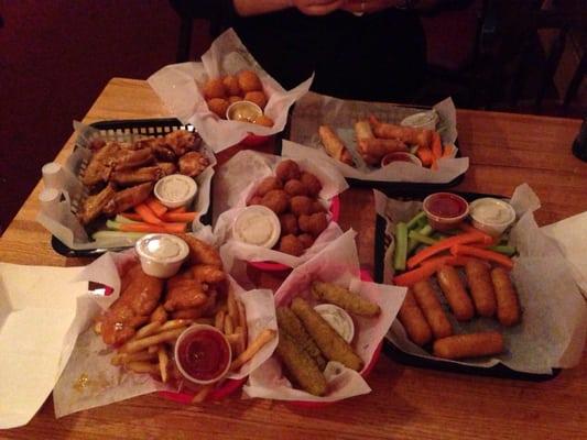 Chicken wings, chicken fingers, chicken cordon bleu balls, fried mushrooms, pizza logs, cheese sticks, and fried pickles. Oh my!