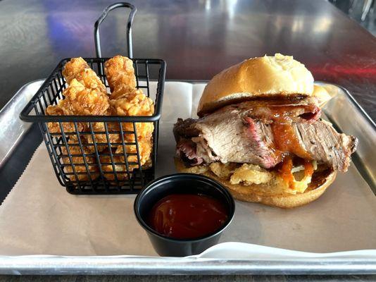 Smoked Brisket Sandwich with Tots and BBQ Sauce