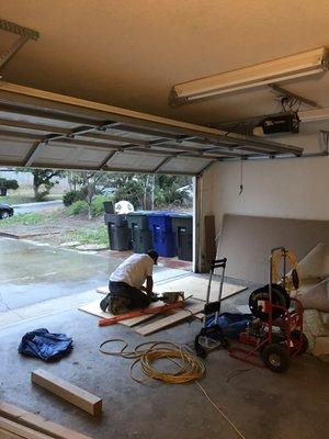 Mike going beyond the normal "plumber" scope and helping us cut drywall