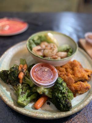 Grilled shrimp with grilled veggies and sweet potato mash