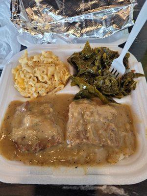 Mac & cheese, collard greens, hamburger steak with rice & gravy