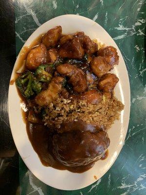 General Yao's chicken, pork fried rice, and pork egg foo young