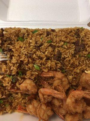 Fried shrimp and beef fried rice