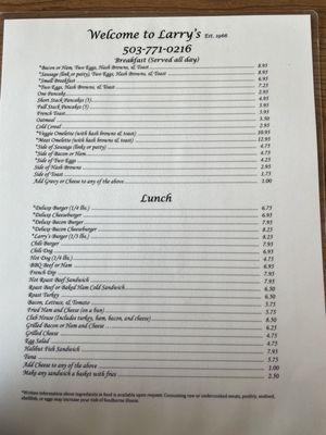 First half of menu