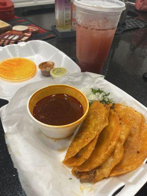 The beef quesobirria taco plate and an Agua frescas de fresa (Mexican strawberry water)