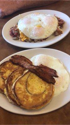 Top is the meat lovers skillet w/ 4 eggs.  Bottom is cinnamon French toast combo.  Delicious and cooked perfectly.