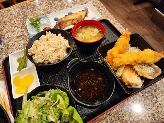 Miso butterfish and shrimp veggie tempura combo meal