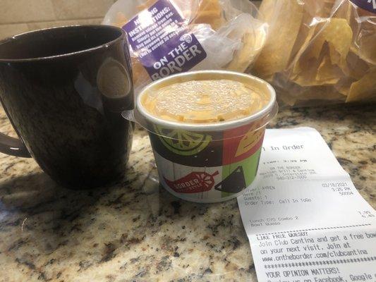 The On The Border bowl of queso in the to-go container.