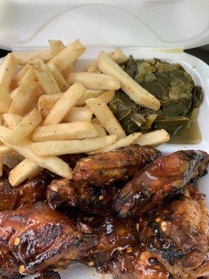 Jerk wings, greens & fries $12.99 (+tax)