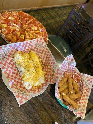 Pepperoni, Garlic Cheese Bread, and Mozzarella Sticks