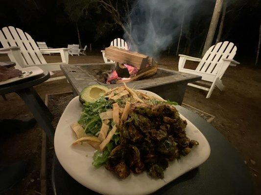 Rattlesnake salad with avocado and crispy brussels