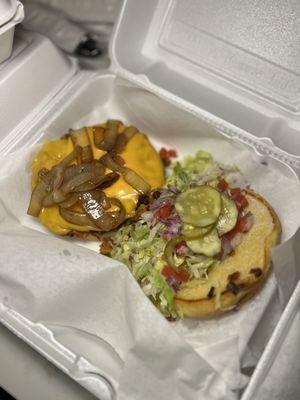 Carryout Beanie Burger + Cheese + Grilled Onion