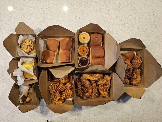 Rolls, the chicken sandwiches, tenders, waffle fried, cornbread, tater tots (truffle), cookies