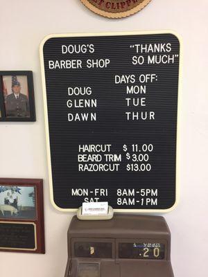 Doug's hours and list of Barbers on staff.