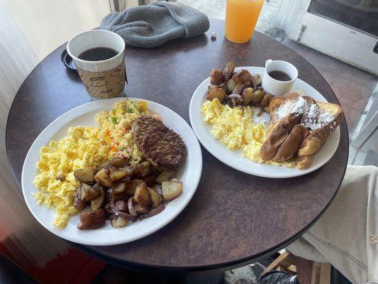 Ethiopian Breakfast with turkey (left) French toast (right)