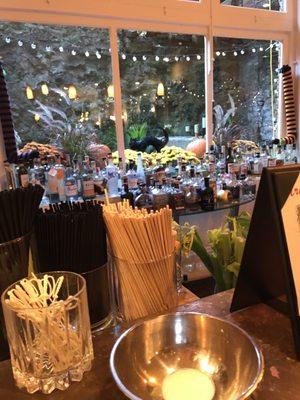 Beautifully appointed bar with view of garden and rock cliff behind.