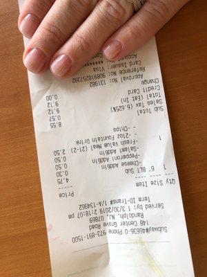 Receipt for a spicy Italian that was rung up al acarte on a 13 year old child.  Instead of rung up as a spicy Italian with bacon.