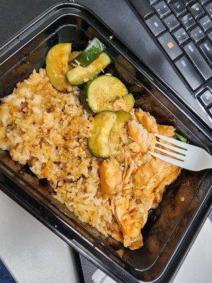 Salmon, zucchini, white rice with teriyaki sauce! Omg!