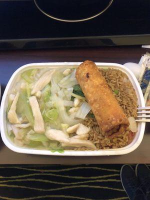 Chicken chow mein with egg roll and fry rice