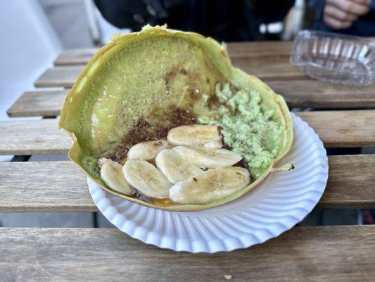 Crispy Apam Balik - a crispy pandan pancake/crepe, filled kaya jam, Nutella, bananas, and cheddar cheese