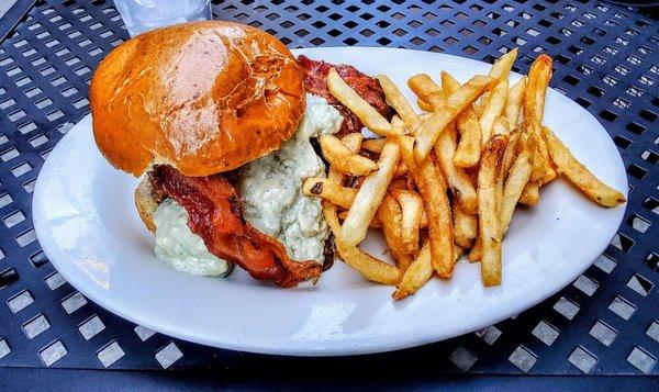 Black and Bleu Burger with double bacon. $15