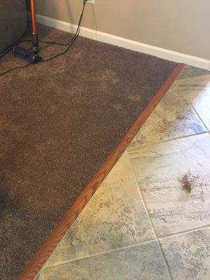 Carpet installed with transition strip that wasn't cooperating but they got it right! And they cleaned up afterward.