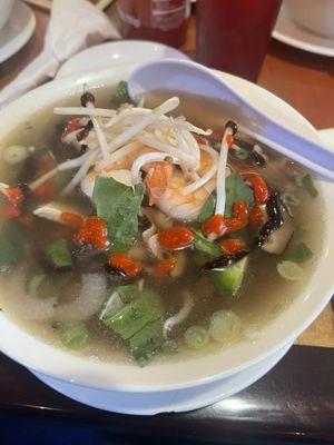 Chicken broth Pho with shrimp, mushrooms added.