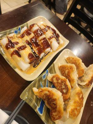 Rice roll noodle with peanut and housing sauce. And the pork and chive dumplings.