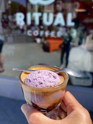 This was so good. Taro ube cream in an espresso shot.