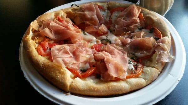 Margherita Pizza - fresh basil, tomatoes from local farmers market, mozzarella plus we added prosciutto for extra $1 - OMTASTY!