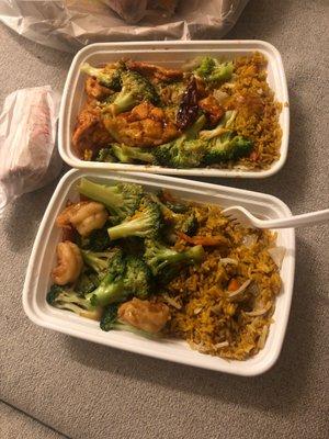 Shrimp, Broccoli, carrots, peas w/ vegetable fried rice and tofu, broccoli w/ vegetable fried rice. Both with Spicy Garlic sauce.