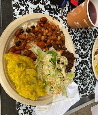 Friday lunch: five bean chili, Gauranga (creamy) potatoes, carob halava and side salad