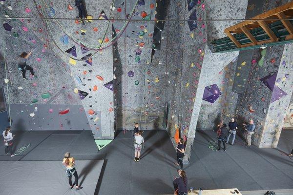 RocVentures Climbing Gym, section of our Top Rope Walls with ropes, bolts, and auto belays.