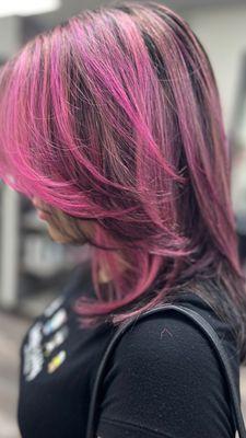 Pink balayage, hair cut and style by Martika.