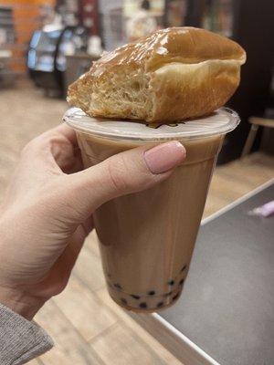 Brown sugar boba milk tea and a maple donut