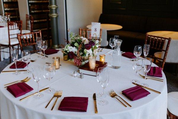 Linens, table, chair, glassware, and flatware rentals arranged by Maison