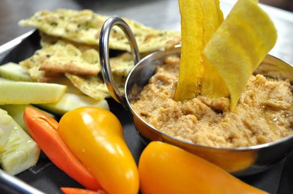 roasted garlic & chipotle hummus - seasonal veggies, flatbread crackers, plantain chips.