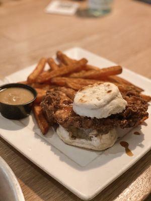 Fried Chicken Sammy with sweet potato fries