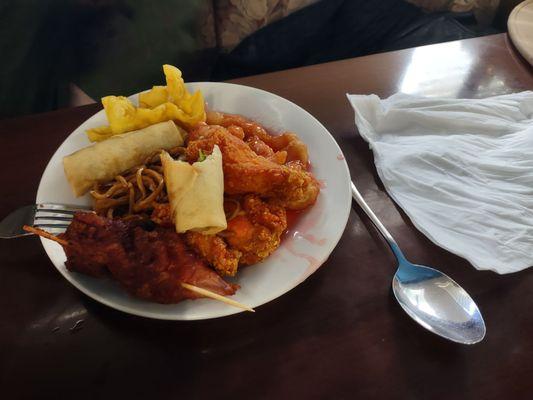 Bbq pork, crab puffs,  spring roll sweet m sour