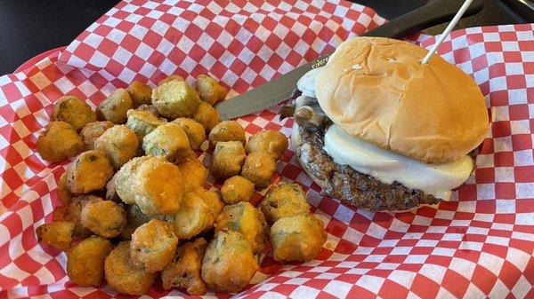 Regular size Mushroom Swiss burger with fried okra