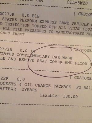 Car wash requested, but did not receive.