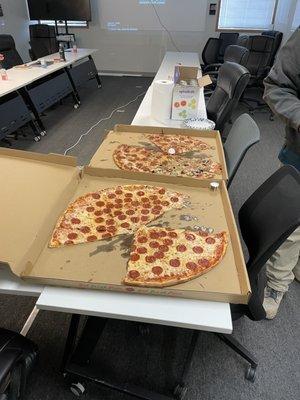 Two 28" pizzas at the office just before being devoured