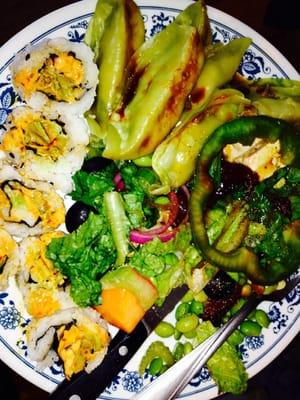 Sushi, cabbage rolls and salad. Yum